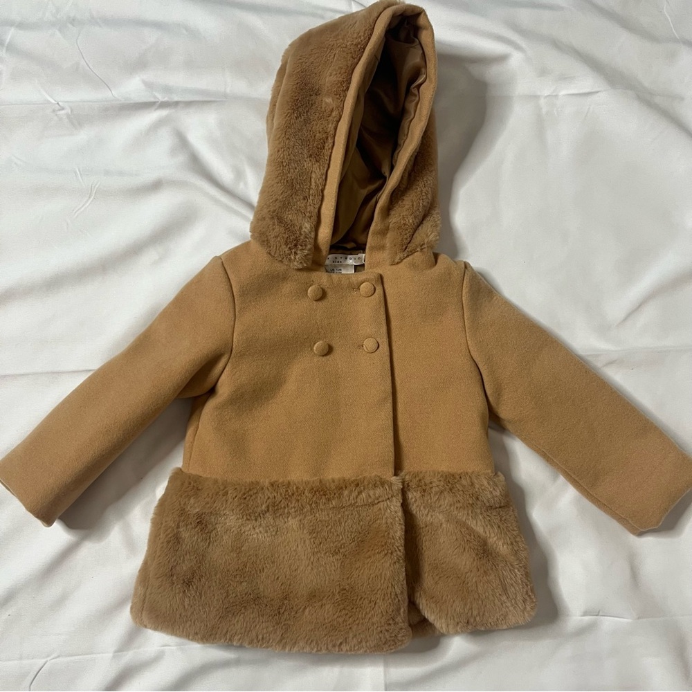 Max Studio Kids Double Breasted Camel Colored Fur Trimmed Coat‎ Sz 12M NWT